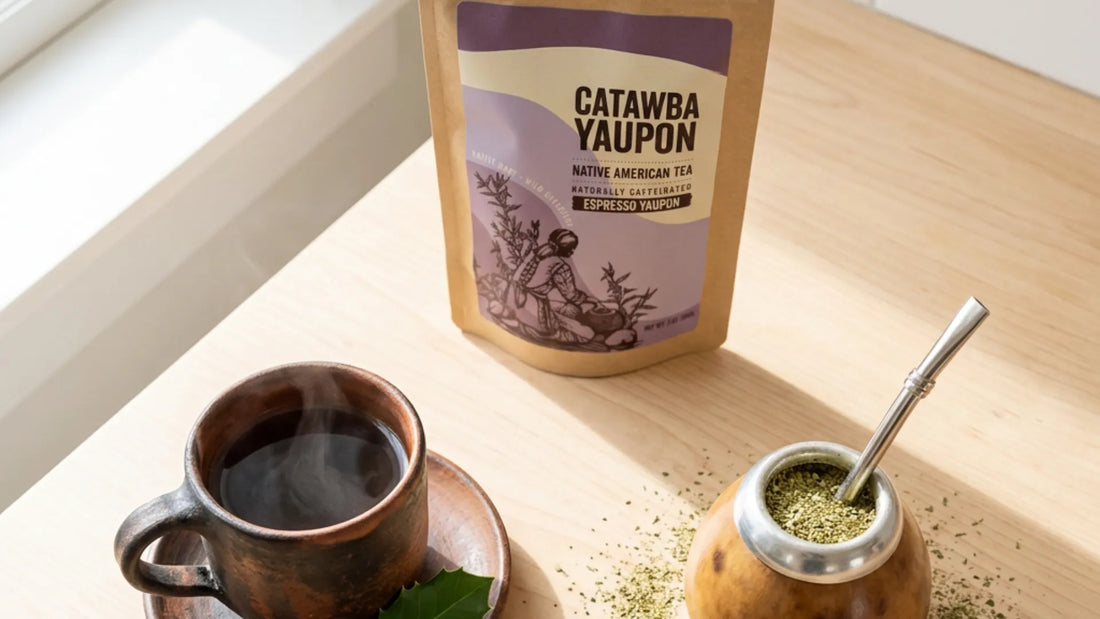A pouch of Catawba Yaupon espresso tea next to a clay cup and mate gourd, showcasing this native North American alternative to traditional yerba mate.