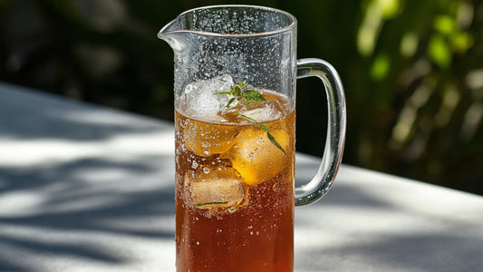 A tall glass pitcher filled with refreshing cold brew yaupon tea, loaded with ice cubes and topped with a mint sprig.
