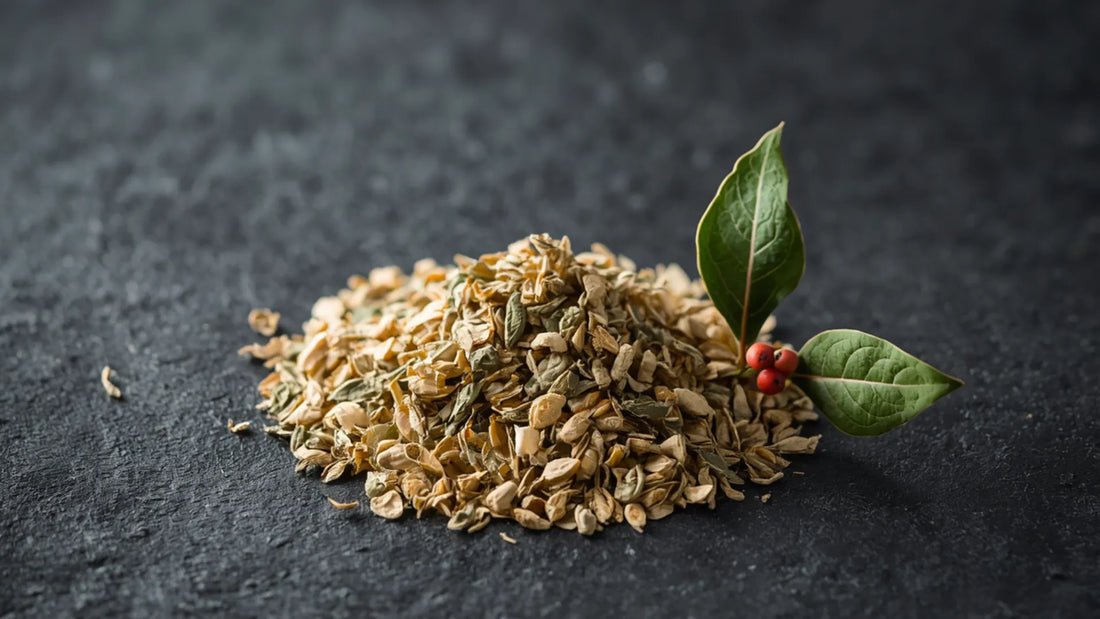 A pile of dried and crushed yaupon tea loose leaf next to a fresh sprig with green leaves and red berries on a dark background.