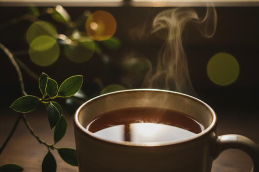 A close-up shot of a steaming ceramic mug filled with rich amber yaupon tea, featuring visible rising steam swirls against a dark background with golden bokeh and green leaves.