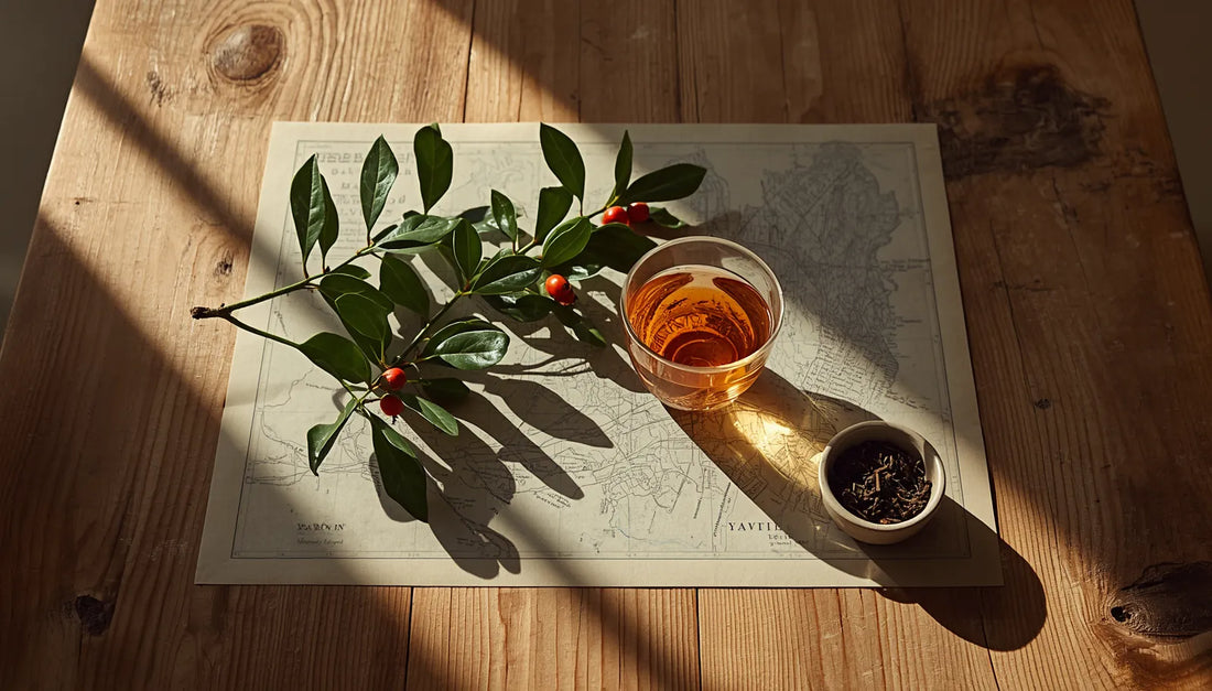 A top-down view of a glass of amber tea on a vintage map next to a yaupon holly plant branch with red berries.