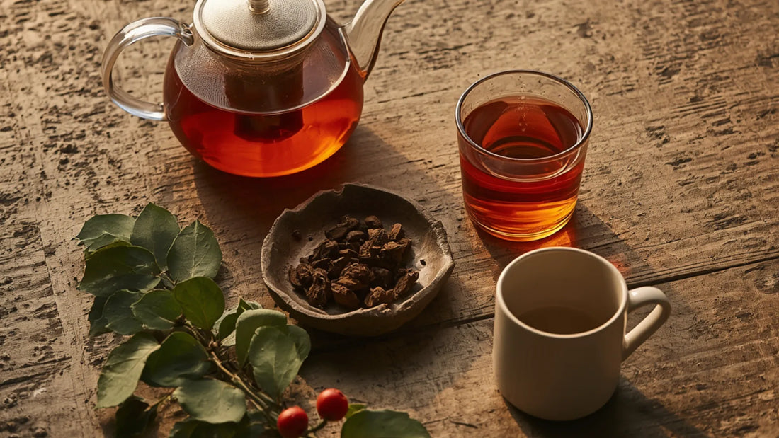 A glass teapot and cup filled with amber yaupon tea, next to a bowl of dried tea leaves and fresh holly on a rustic wooden table.