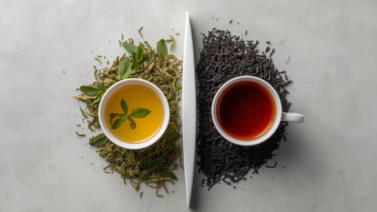 A split top-down view of a cup of yellow green tea with loose leaves alongside a cup of dark roasted tea with dark leaves.