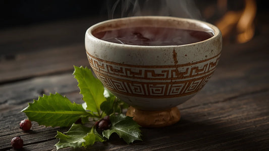 A steaming ceramic bowl filled with dark Yaupon Black Drink, placed on a rustic wooden table next to green holly leaves and berries.