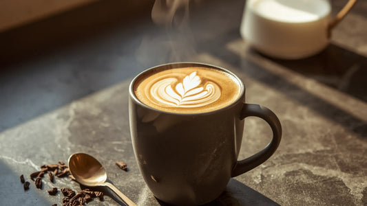 A steaming yaupon latte with beautiful leaf foam art sits in a dark mug on a stone surface beside a gold mixing spoon.