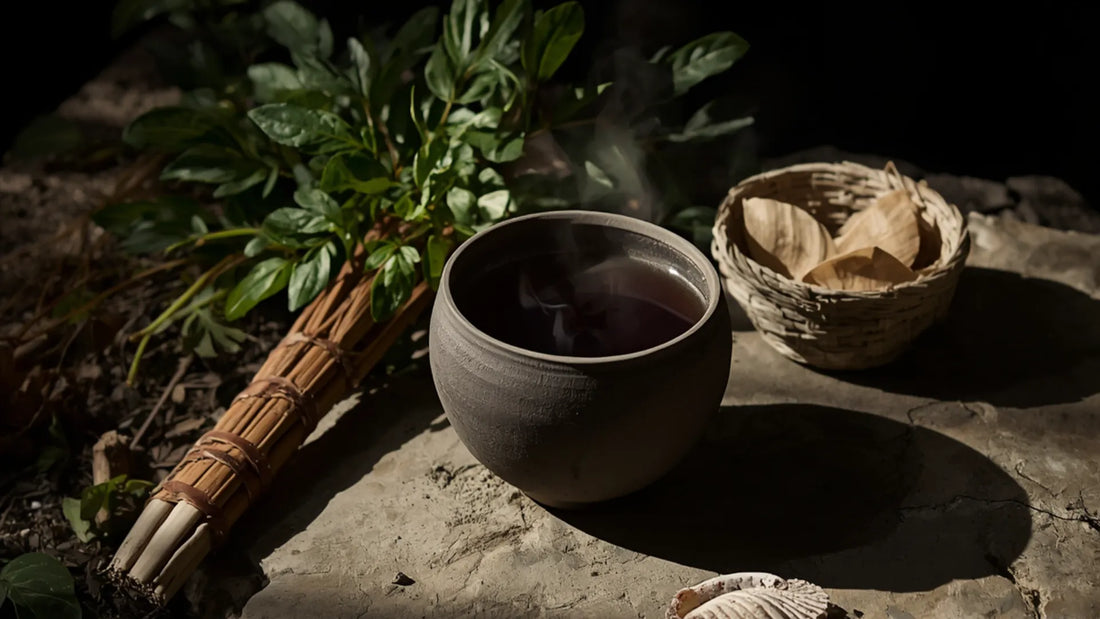 A steaming clay bowl of dark tea sitting on stone next to a bundled yaupon holly branch, a small woven basket, and a seashell, showcasing traditional yaupon tea health benefits.