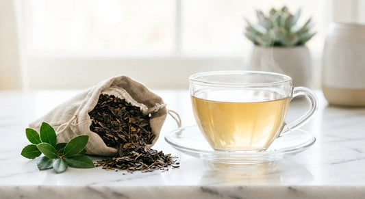 A small burlap pouch filled with dried leaves, accompanied by fresh green Yaupon sprigs and a glass cup of steaming, amber-colored Yaupon tea, showcasing North America's only native caffeinated plant.