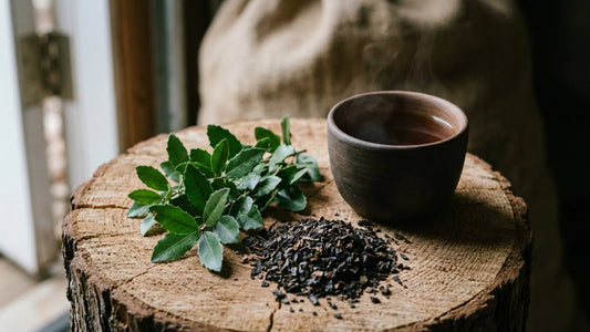 A steaming clay cup of brewed tea on a tree stump next to a pile of dark roasted loose leaves and fresh green yaupon holly branches.