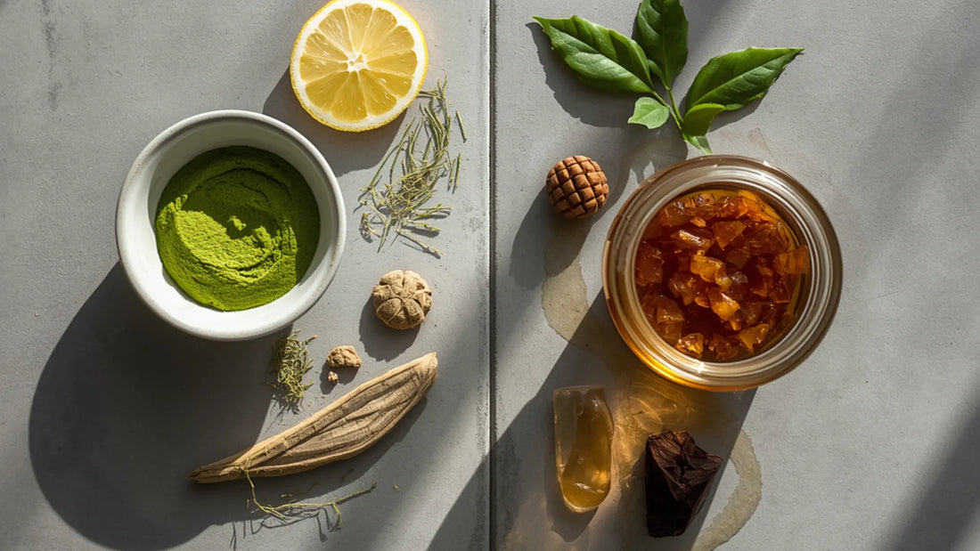 An overhead split view showcasing a Yaupon vs green tea ingredient layout with matcha powder, lemon slices, and honey jars.
