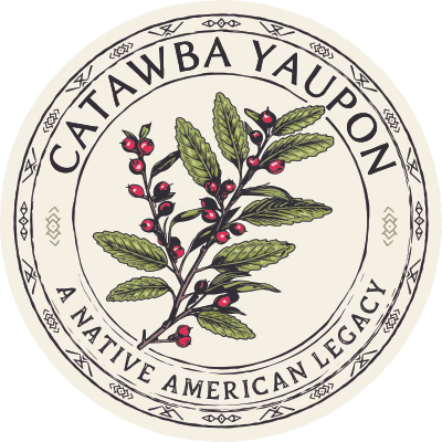 Circular logo for Catawba Yaupon featuring a botanical illustration of a yaupon holly branch with green leaves and red berries, surrounded by the text