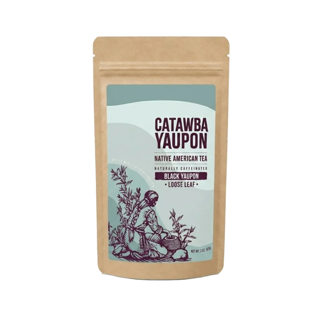 A kraft paper pouch mockup of Catawba Yaupon Black loose leaf tea isolated on a transparent checkerboard background.