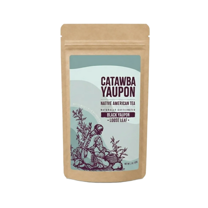 A kraft paper pouch mockup of Catawba Yaupon Black loose leaf tea isolated on a transparent checkerboard background.