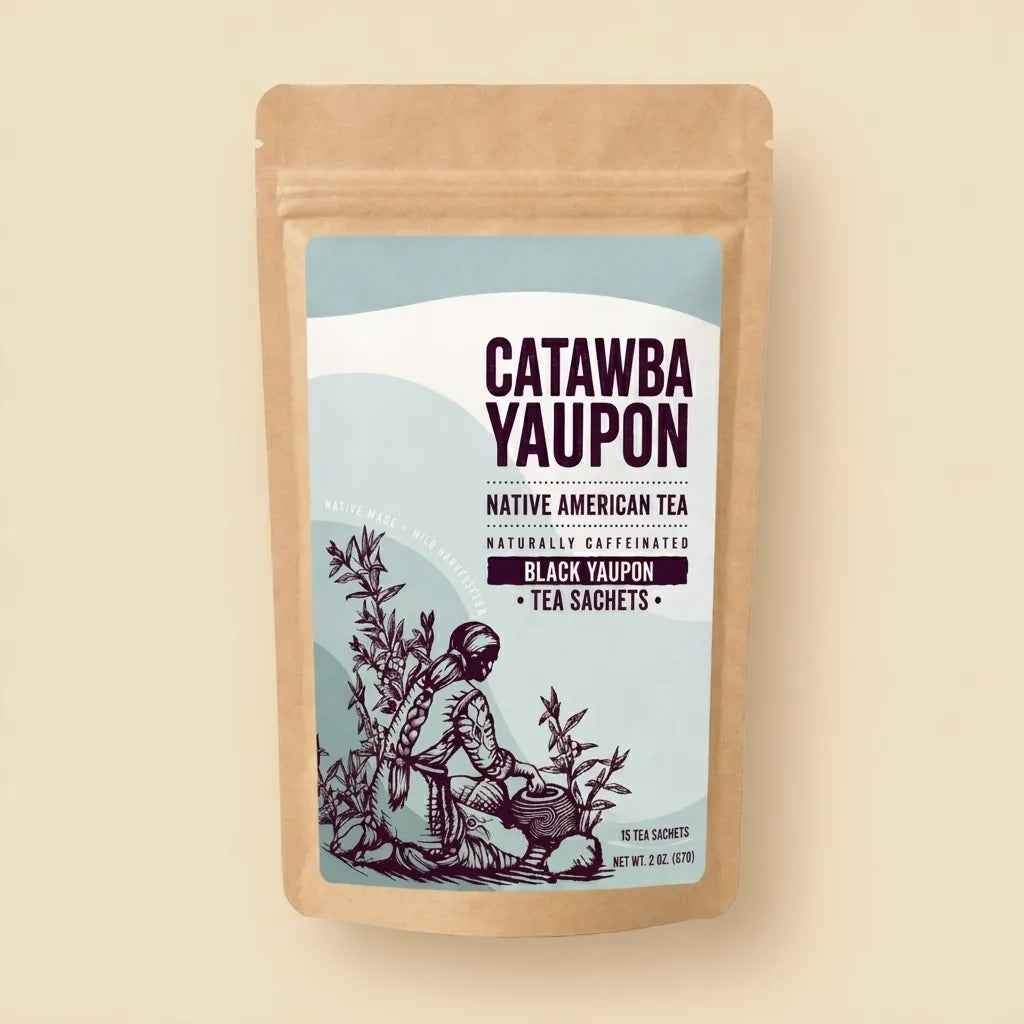 Catawba Yaupon Black Yaupon loose leaf tea in a brown kraft stand-up pouch with a light blue label.