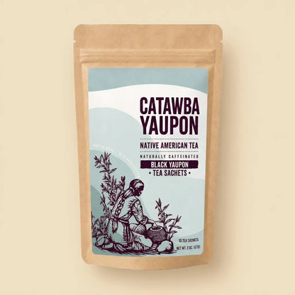 Catawba Yaupon Black Yaupon loose leaf tea in a brown kraft stand-up pouch with a light blue label.