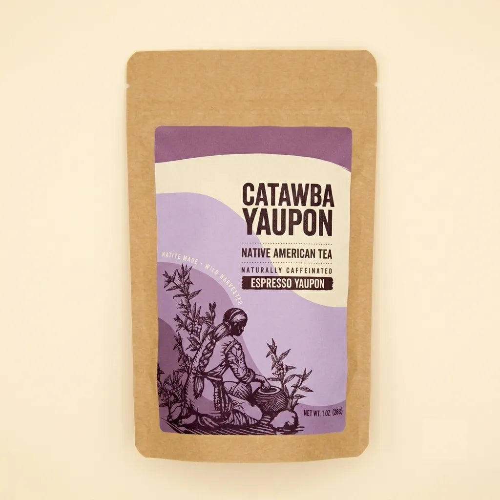 Catawba Yaupon Espresso Native American tea in a kraft stand-up pouch with a purple label.