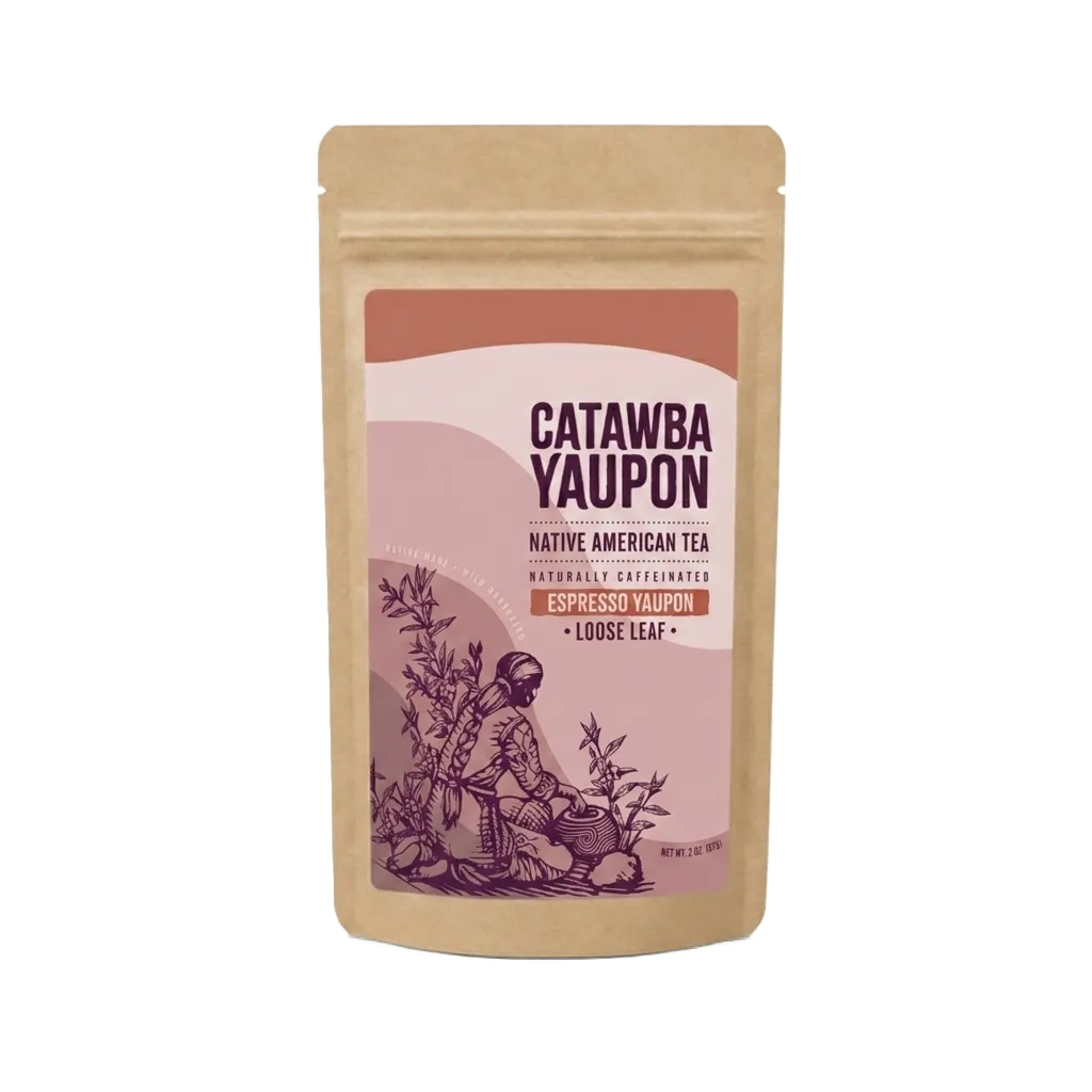A kraft paper pouch mockup of Catawba Yaupon espresso loose leaf tea isolated on a transparent checkerboard background
