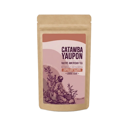 A kraft paper pouch mockup of Catawba Yaupon espresso loose leaf tea isolated on a transparent checkerboard background