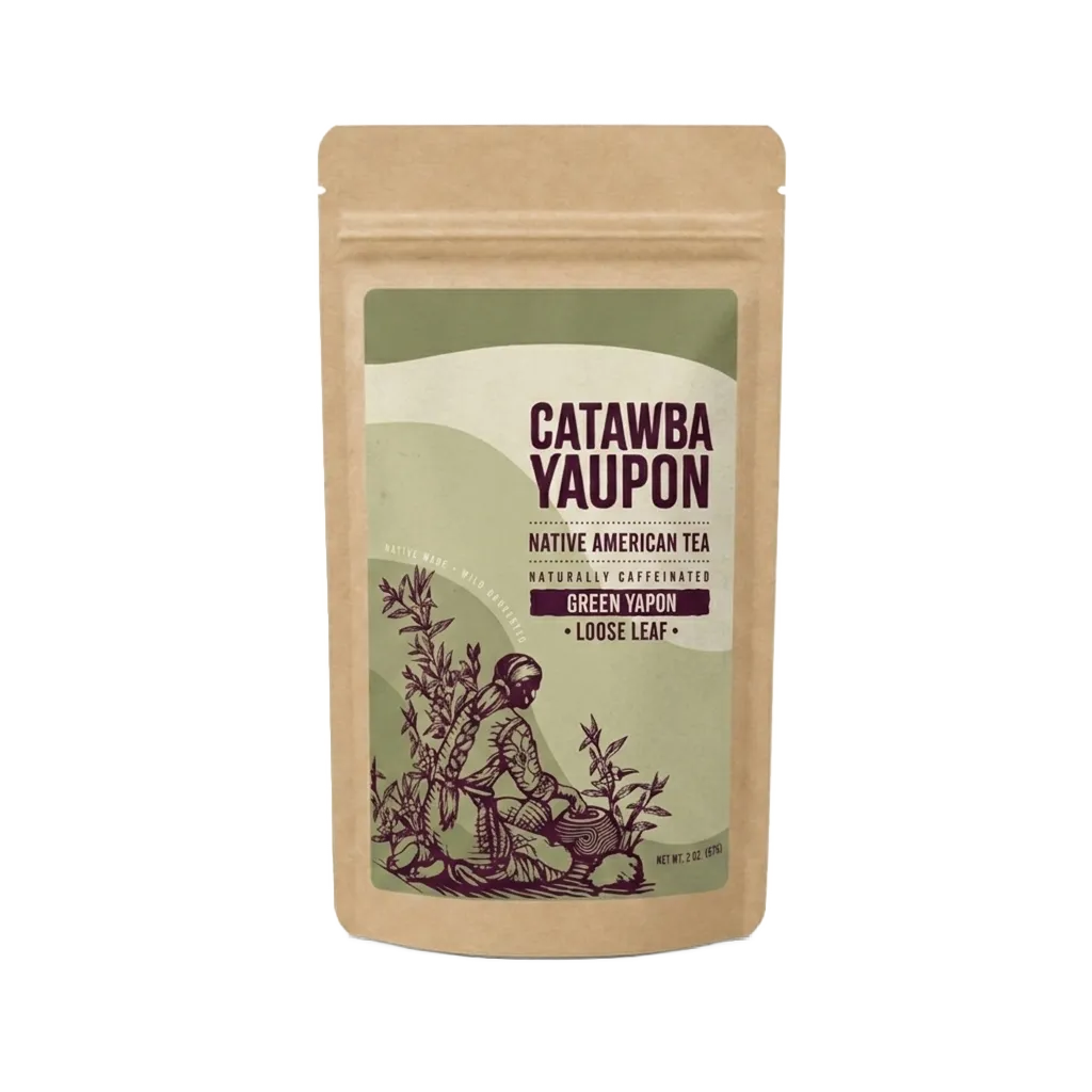 A kraft paper pouch mockup of Catawba Yaupon green loose leaf tea isolated on a transparent checkerboard background.