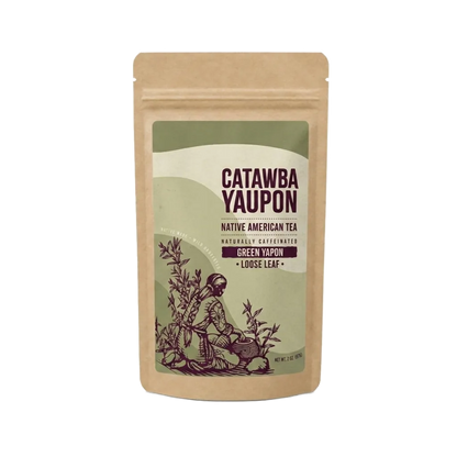 A kraft paper pouch mockup of Catawba Yaupon green loose leaf tea isolated on a transparent checkerboard background.