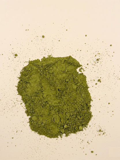A pile of finely ground, vibrant green Catawba Yaupon matcha style tea powder on a light cream background.