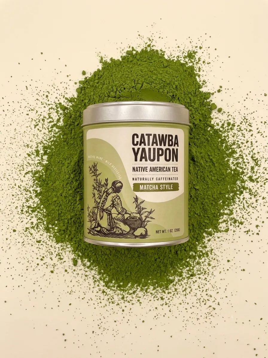Catawba Yaupon Matcha Style tea tin centered on a vibrant pile of green yaupon tea powder.
