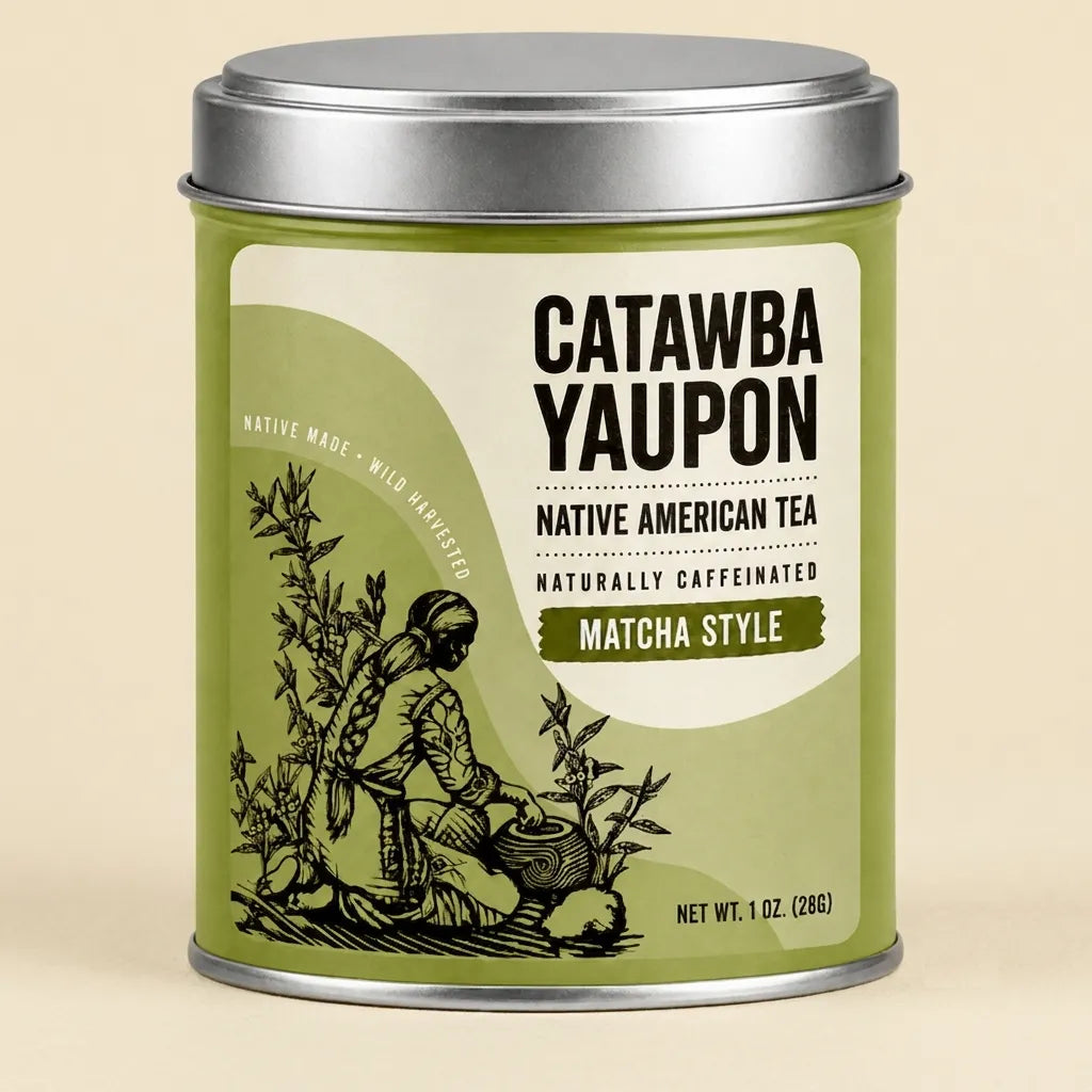 Catawba Yaupon Matcha Style Native American tea in a green metal tin with a silver lid.