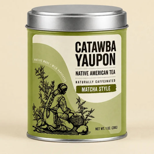 Catawba Yaupon Matcha Style Native American tea in a green metal tin with a silver lid.