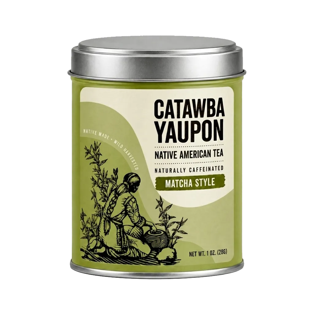 A cylindrical green metal tea tin mockup for Catawba Yaupon Matcha Style tea isolated on a transparent checkerboard background.