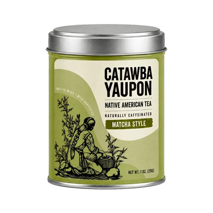 A cylindrical green metal tea tin mockup for Catawba Yaupon Matcha Style tea isolated on a transparent checkerboard background.