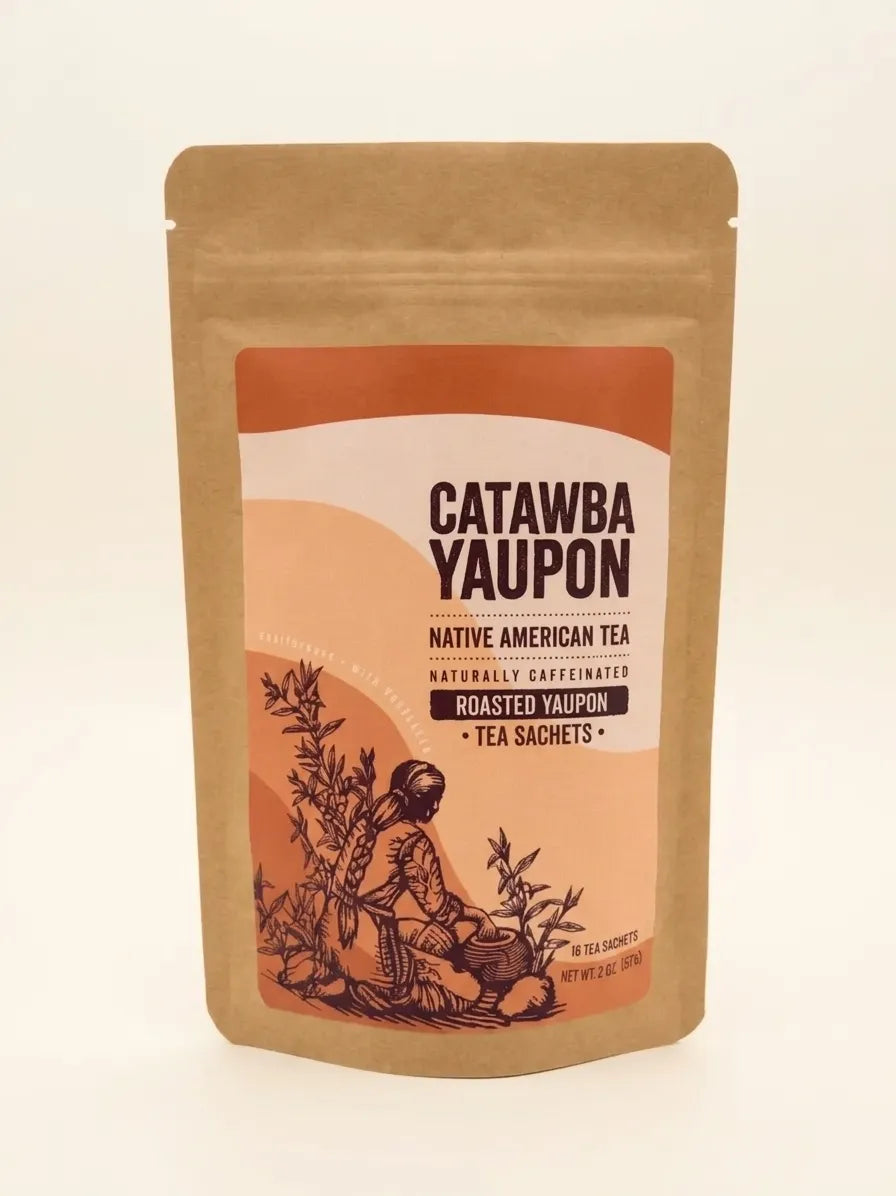 Catawba Yaupon Roasted Yaupon tea sachets in a brown kraft stand-up pouch with an orange label.