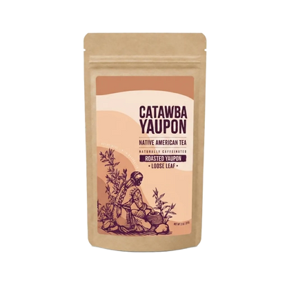 A kraft paper pouch mockup of Catawba Yaupon Espresso loose leaf tea isolated on a transparent checkerboard background
