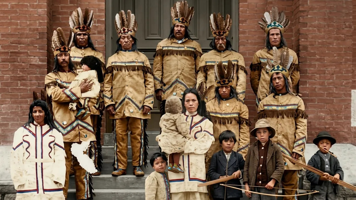 A colorized historic group portrait of Catawba individuals in Rock Hill, South Carolina, featuring adults in traditional regalia and children, some holding bows, standing on the steps of a brick building.