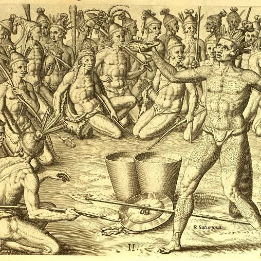 A historic engraving showing Native Americans gathered for a ritual, including a person holding a large shell or bowl, with others seated around containers.