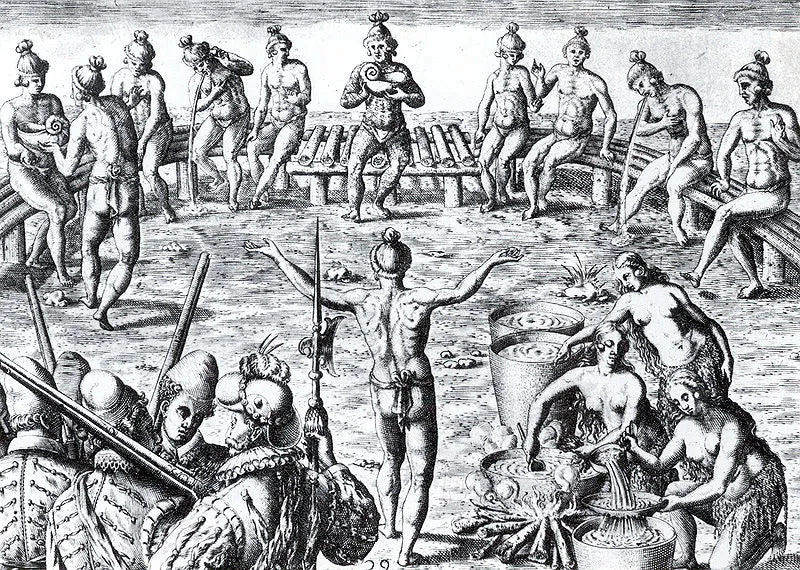 A historic engraving depicting Native Americans gathered in a council setting, with individuals sharing a beverage to express unity, hospitality, and peaceful intentions.