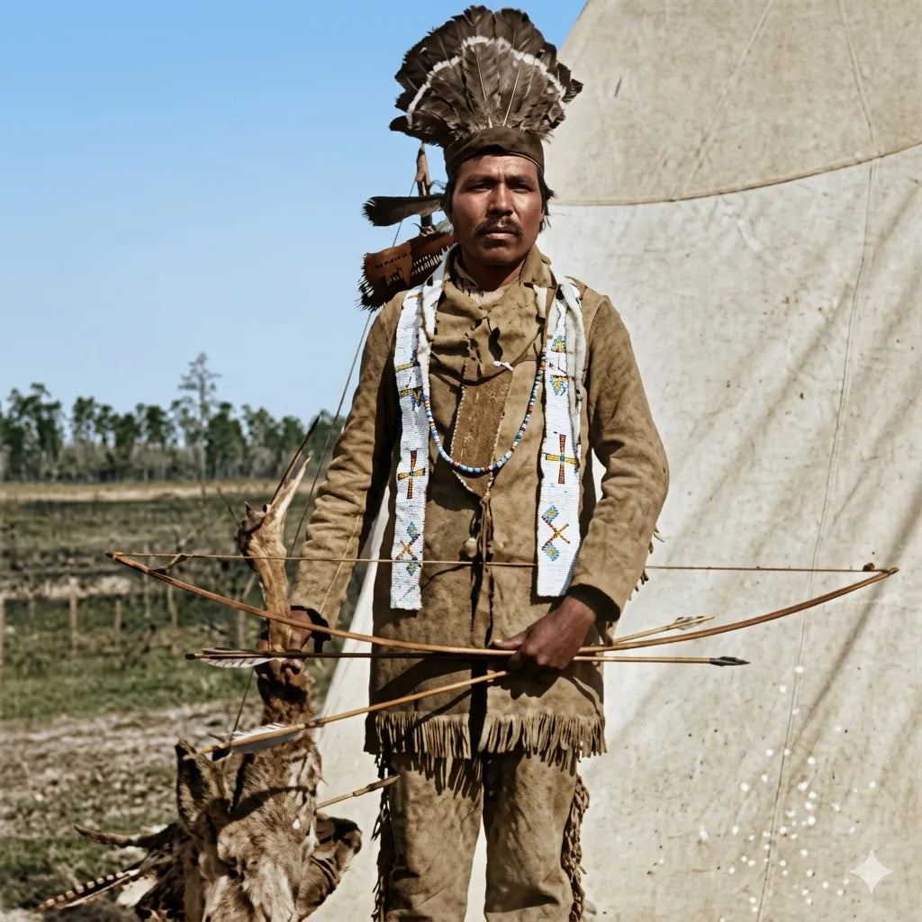 A colorized historic portrait of a man in traditional leather regalia and a feathered headdress, holding a bow and arrows, standing in front of a tent-like structure in an open landscape.