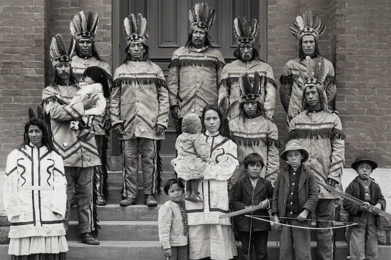 A historical black-and-white photograph of a group of Catawba people, including men wearing traditional feathered headdresses and fringed regalia, standing on the steps of a brick building.